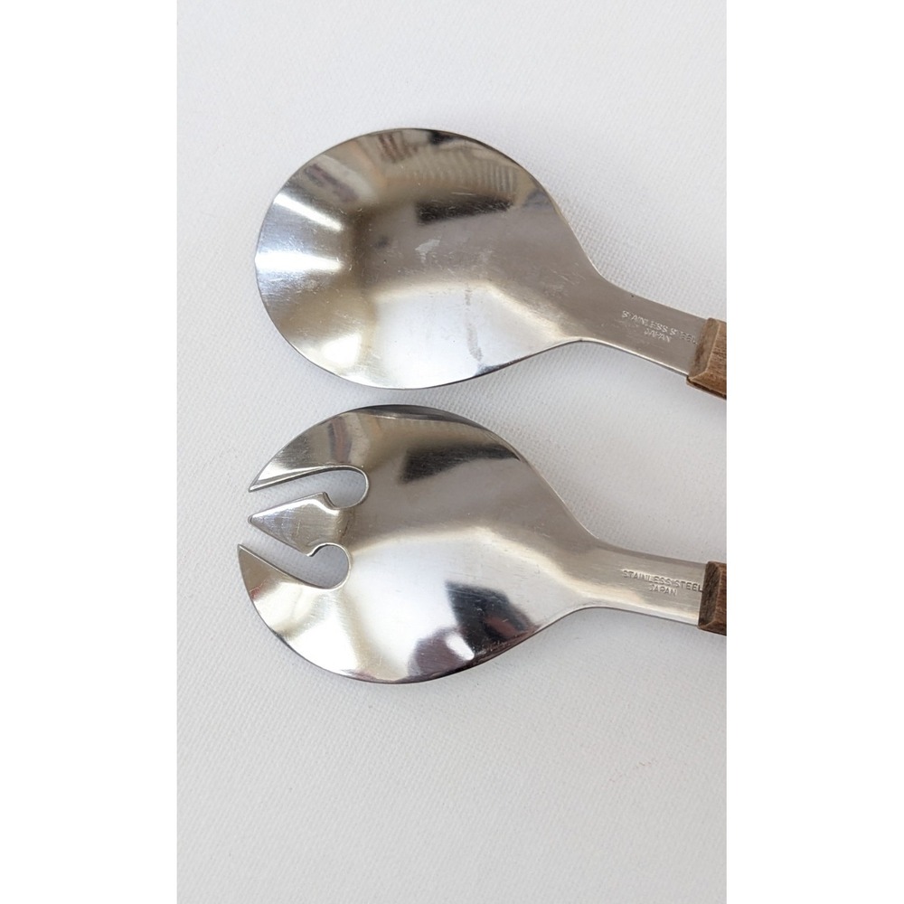 Vintage MCM Stainless Steel Wood Handle Salad Tongs Serving Fork Spoon Japan - Picture 6 of 7